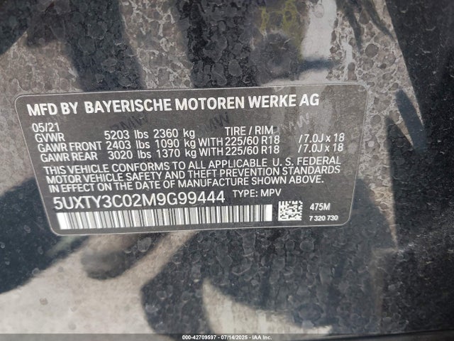 5UXTY3C02M9G99444 BMW 2021