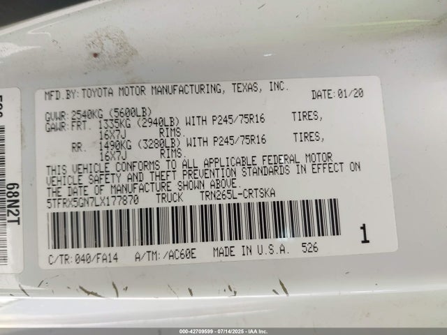 5TFRX5GN7LX177870 Toyota 2tr-fe