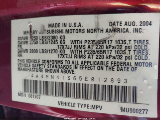 2005 MITSUBISHI ENDEAVOR 4A4MN41S65E012893 Photo 8