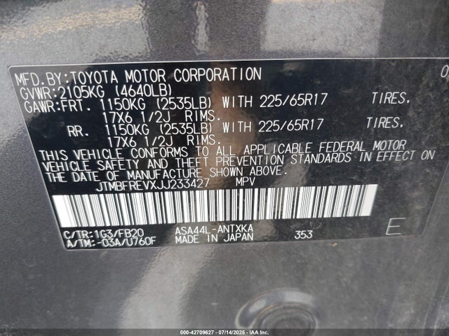 JTMBFREVXJJ233427 Toyota 2ar-fe