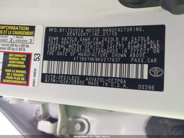 4T1B61HK9KU217637 Toyota a25a-fks