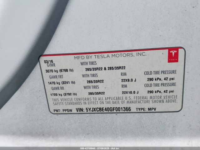 2016 TESLA MODEL X 5YJXCBE40GF001366 Photo 8