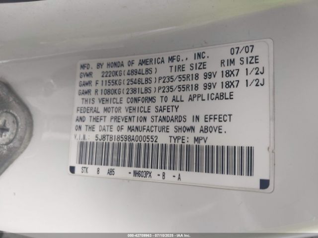 2008 ACURA RDX 5J8TB18598A000552 Photo 8