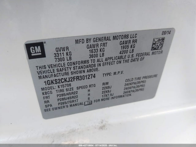 1GKS2CKJ2FR301274 GMC l86 - vvt, afm, e85 max, aluminum