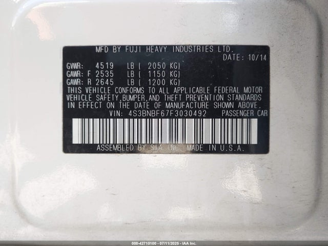 Subaru 2.5l u6 2015 4S3BNBF67F3030492 Image 9
