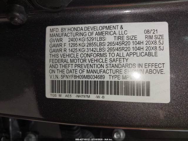 Honda j35y6 2021 5FNYF8H09MB034689 Image 9