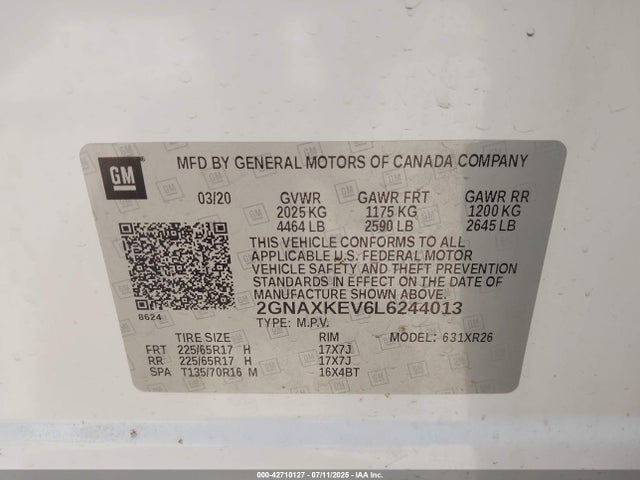 2GNAXKEV6L6244013 Chevrolet lyx - direct injection, vvt, fgt, turbo, alum, gen1