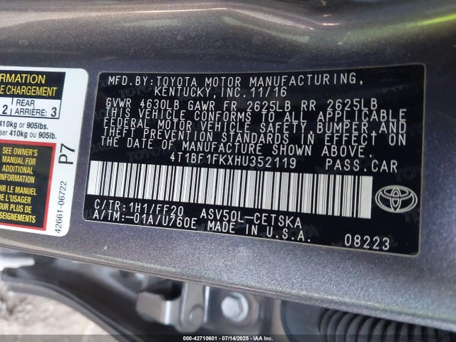 4T1BF1FKXHU352119 Toyota 2ar-fe