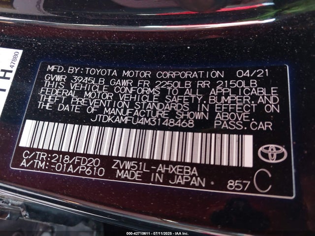 JTDKAMFU4M3148468 Toyota 2zr-fxe,1nm