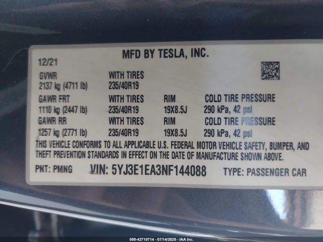 2022 TESLA MODEL 3 5YJ3E1EA3NF144088 Photo 8