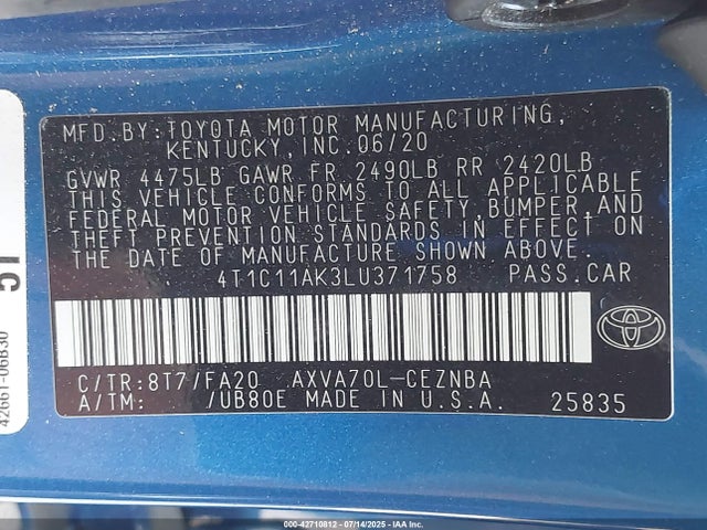 4T1C11AK3LU371758 Toyota a25a-fks