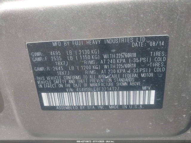 Subaru 2.5l u6 2015 4S4BSBLC8F3214127 Image 9
