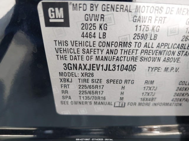 3GNAXJEV1JL310406 Chevrolet lyx - direct injection, vvt, fgt, turbo, alum, gen1