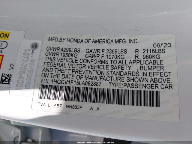 1HGCV1F15LA092887 Honda l15be