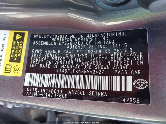 4T4BF1FK1GR542427 Toyota 2ar-fe
