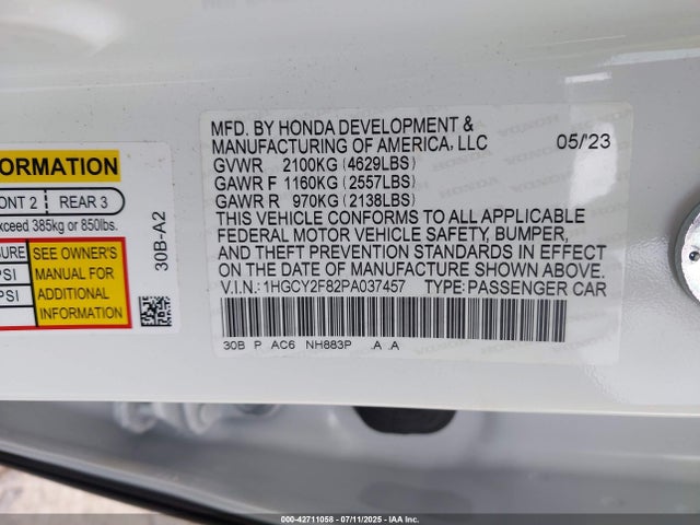 1HGCY2F82PA037457 Honda lfc5