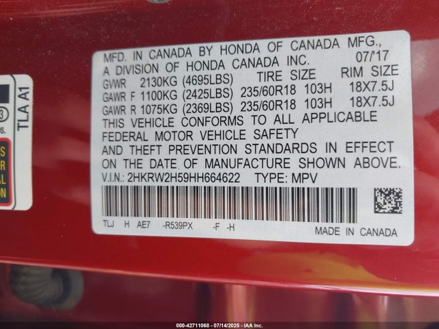 2HKRW2H59HH664622 Honda l15be