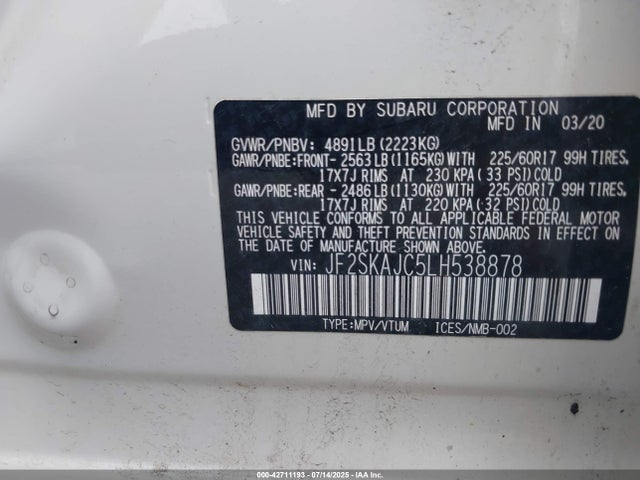 Продажа на аукционе авто 2020 Subaru Forester Premium, vin: JF2SKAJC5LH538878, номер лота: 42711193