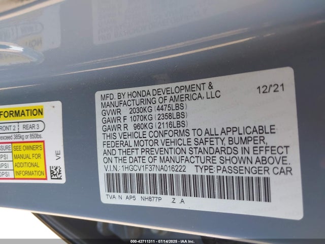 1HGCV1F37NA016222 Honda l15be