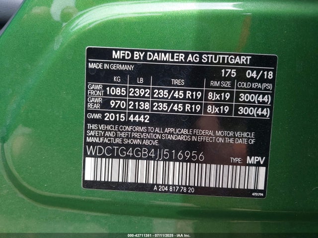 WDCTG4GB4JJ516956 Mercedes-Benz 270