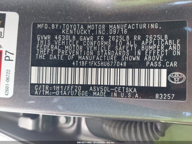 4T1BF1FK5HU677048 Toyota 2ar-fe
