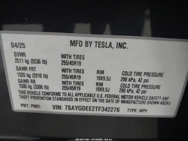 7SAYGDEE2TF342276 Tesla Model Y