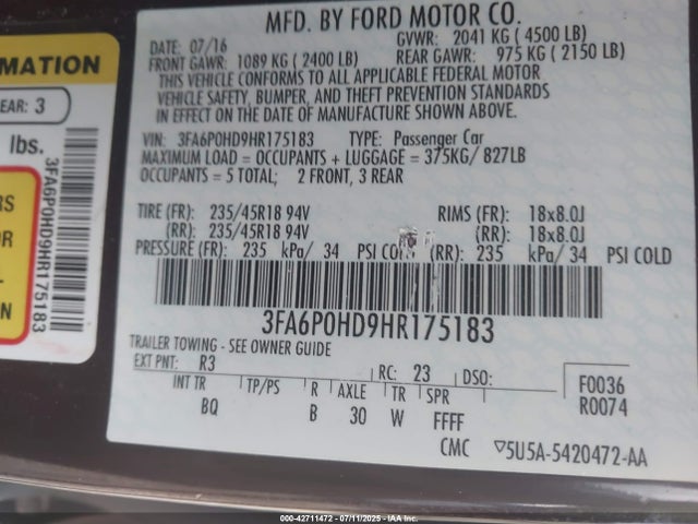 Aukcja sprzedaży 2017 Ford Fusion Se, vin: 3FA6P0HD9HR175183, numer aukcji: 42711472