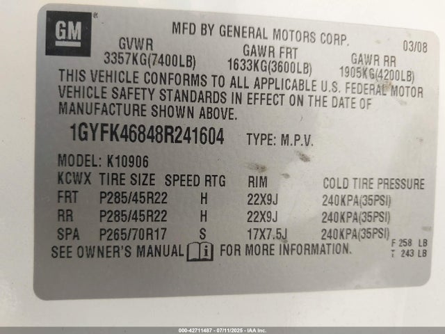 2008 CADILLAC ESCALADE ESV 1GYFK46848R241604 Photo 8