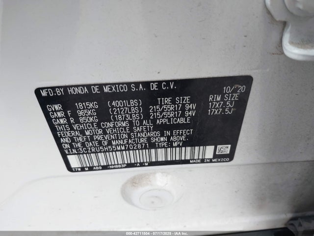 3CZRU5H55MM702871 Honda r18z9