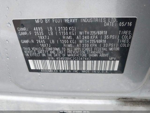 Subaru 2.5l u6 2016 4S4BSBNC2G3347447 Image 9