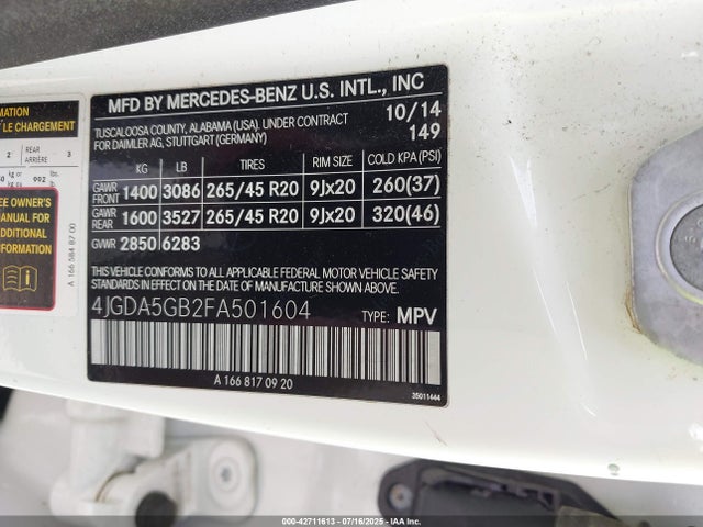 4JGDA5GB2FA501604 Mercedes-Benz Ml-Class