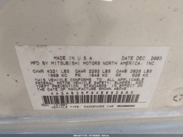 2004 MITSUBISHI GALANT 4A3AB36F84E082805 Photo 8