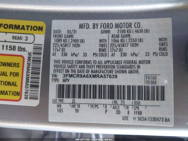2021 FORD BRONCO SPORT 3FMCR9A6XMRA57639 Photo 8