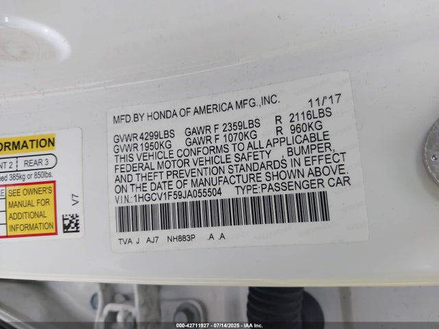 1HGCV1F59JA055504 Honda l15be