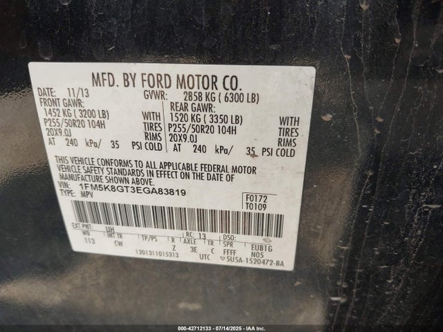 1FM5K8GT3EGA83819 Ford 2014