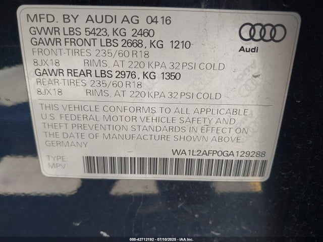 WA1L2AFP0GA129288 Audi 2.0t