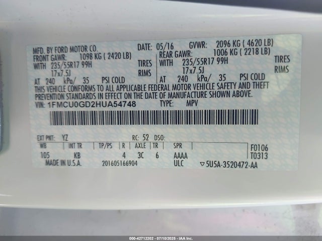 1FMCU0GD2HUA54748 Ford gtdi sigma w/premium fuel