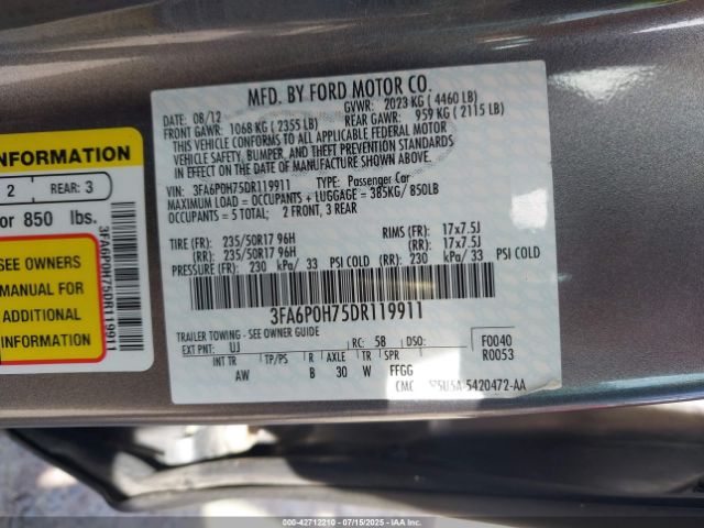 2013 FORD FUSION 3FA6P0H75DR119911 Photo 8