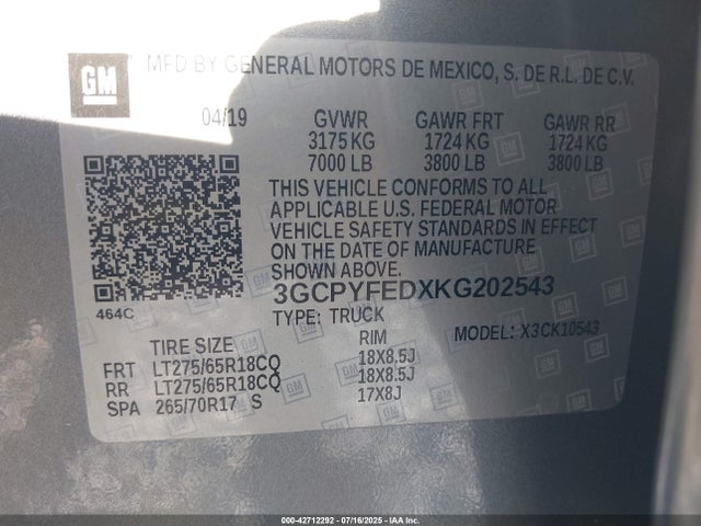 3GCPYFEDXKG202543 Chevrolet l84 - di, dfm, alum, gen 5, var 2