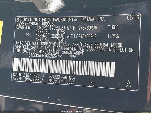 5TDBKRFH4GS265418 Toyota 2gr-fe