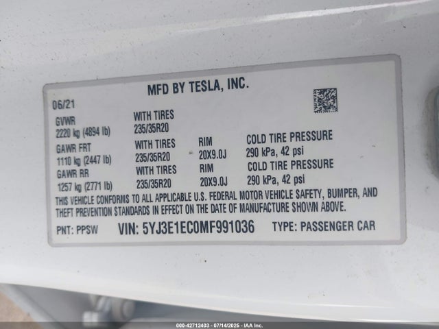 2021 TESLA MODEL 3 5YJ3E1EC0MF991036 Photo 8