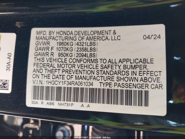 1HGCY1F34RA061034 Honda l15be
