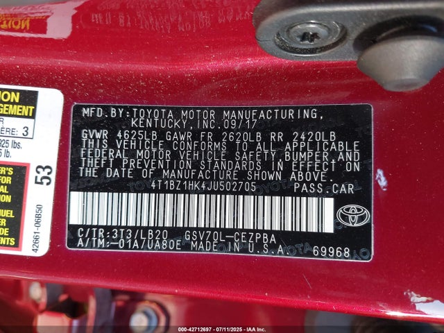 4T1BZ1HK4JU502705 Toyota 2gr-fks