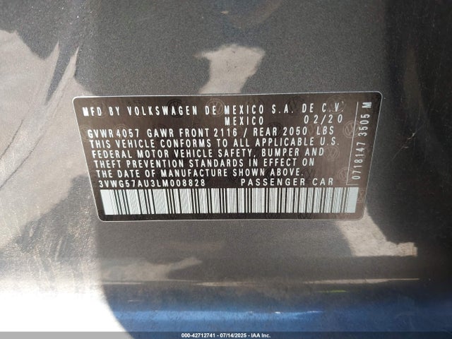 3VWG57AU3LM008828 Volkswagen 2020