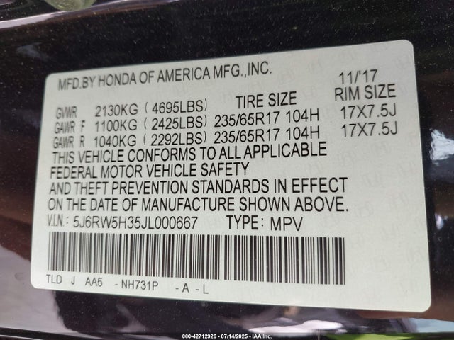 5J6RW5H35JL000667 Honda k24w9/k24v9