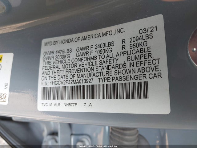 Honda k20c4 2021 1HGCV2F32MA013927 Image 9