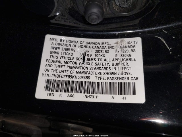 Honda k20c2 2019 2HGFC2F89KH503486 Image 9