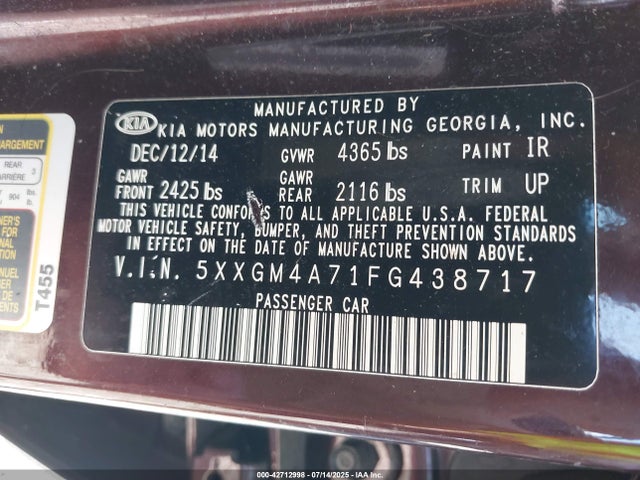 5XXGM4A71FG438717 KIA dohc gdi theta ii