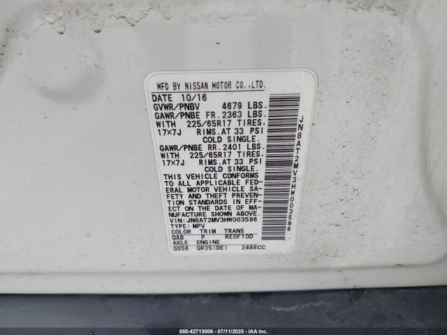 JN8AT2MV3HW003596 Nissan Rogue