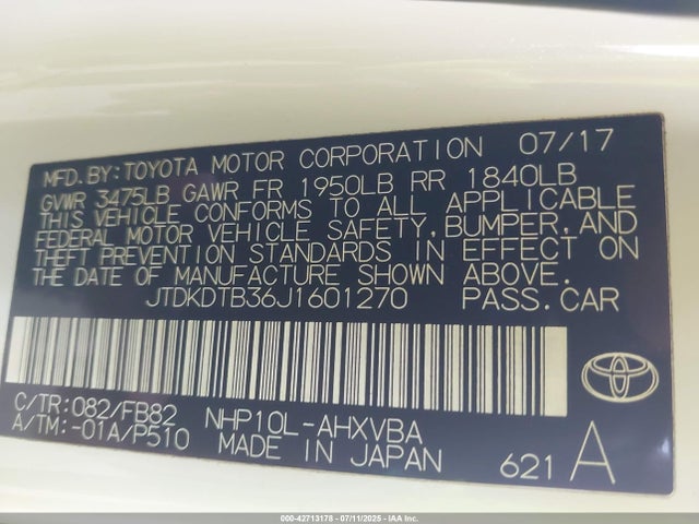Toyota 1nz-fxe+1lm 2018 JTDKDTB36J1601270 Image 9
